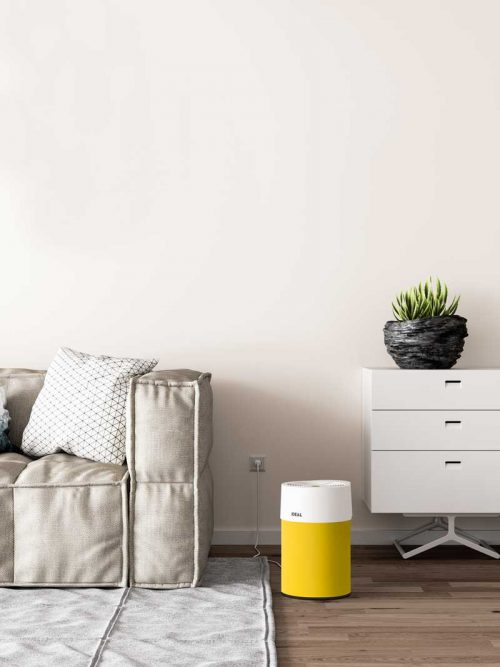 Ideal Luftreiniger AP40 Pro Wohnzimmer mit Textilbezug gelb