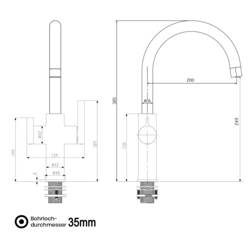 3-4-Wege-Kuechenarmatur Furore Neo mit Maßangaben (technischer Zeichnung)